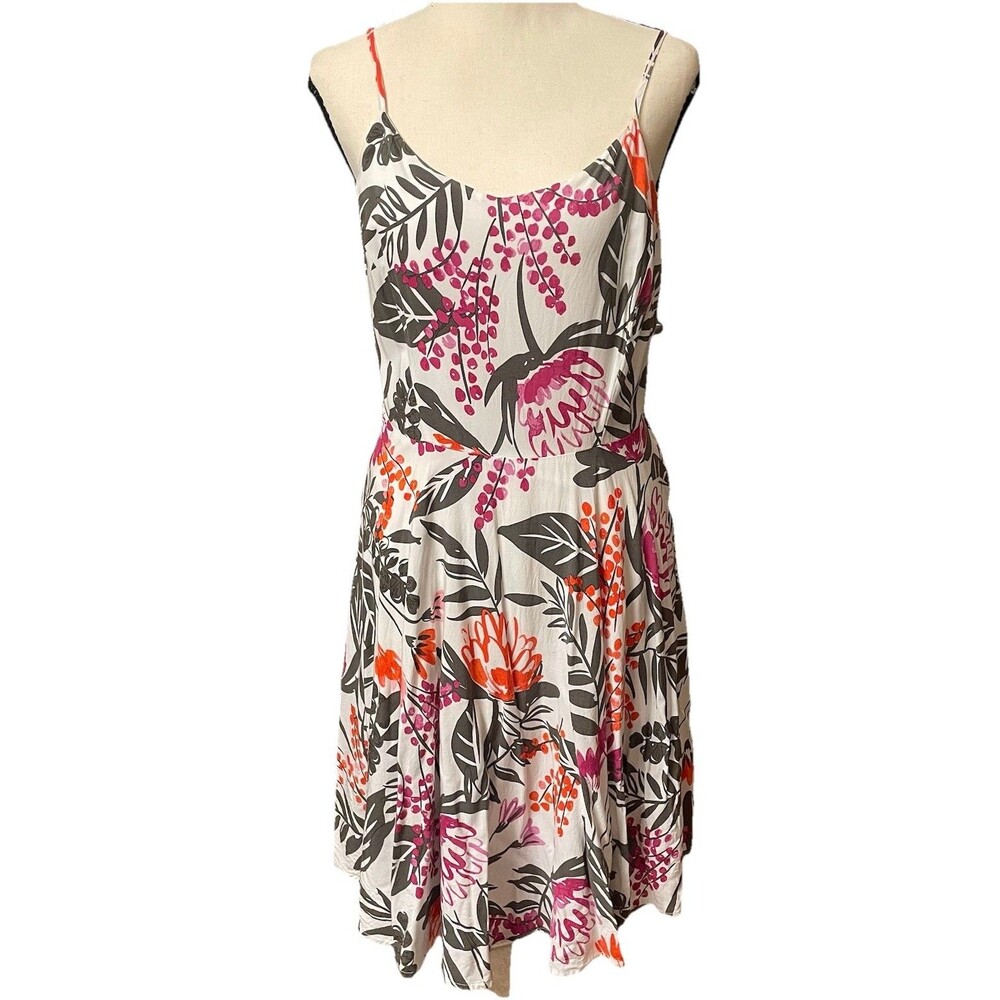 Floral Cami Dress L White Tropical Sundress Smocked Fit Flare Beachy Cottagecore